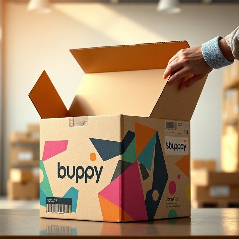 A beautifully designed custom corrugated box with a brand logo, vibrant colors, and unique graphics, being unboxed by a customer. The box is sturdy and visually appealing, reflecting a premium brand identity. The background is a clean, modern e-commerce fulfillment setting, warm natural sunlight, cinematic atmosphere, ultra realistic, highly detailed, 8k quality, photorealistic