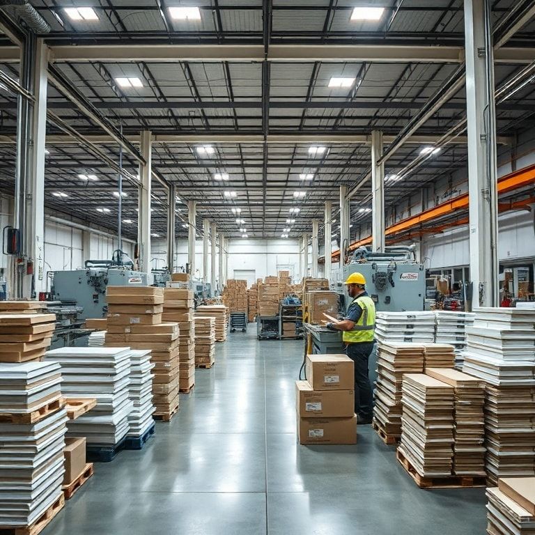 A modern, clean corrugated box factory floor with large machinery producing custom boxes. Workers in safety gear are overseei