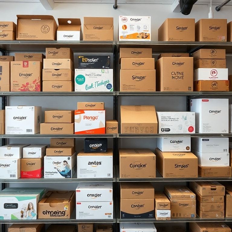 A diverse collection of custom corrugated boxes for various brands, showcasing different sizes, designs, and printing techniq