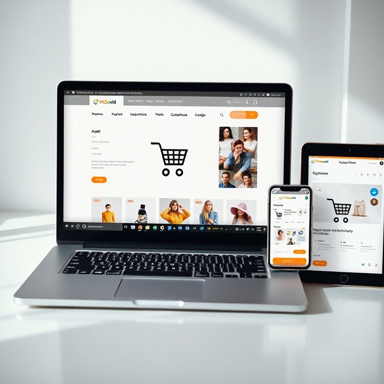 A sleek, modern laptop displaying an intuitive Ecommerce website interface, with a shopping cart icon, product images, and clear navigation visible. The screen shows a responsive design adapting to different device mockups (tablet, phone) next to it. Soft, natural lighting, clean lines, professional and inviting, high-fidelity UI, digital art.