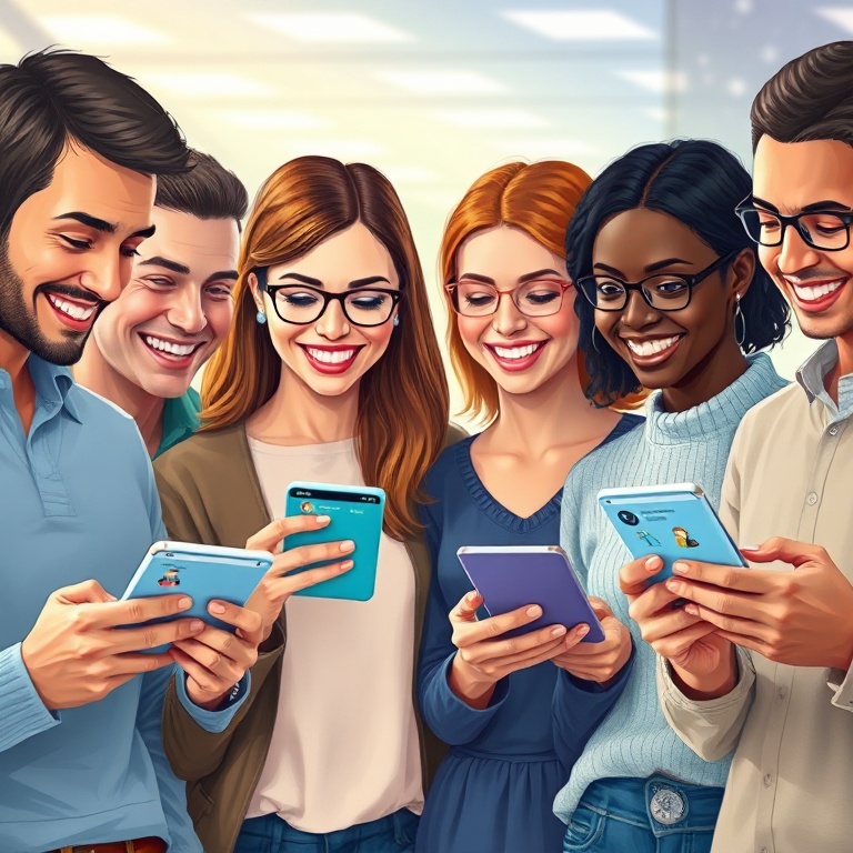 essential - A diverse group of cheerful people of various ages and ethnicities, each looking at their own smartphone or table