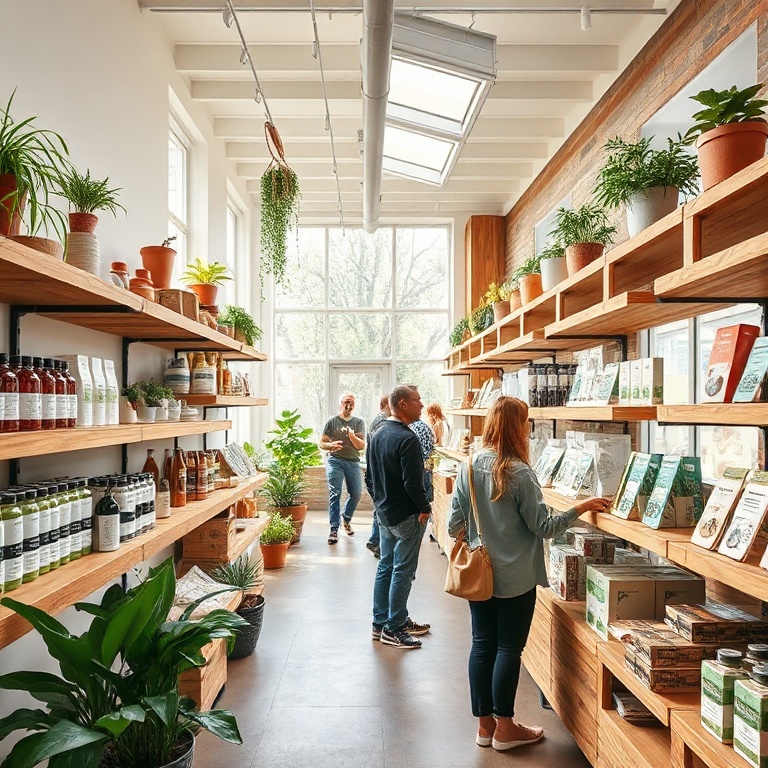 essential - A vibrant, modern retail space emphasizing sustainable practices. Products are displayed on recycled wood shelves
