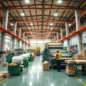 A wide-angle shot inside a large, modern corrugated box factory in Bangkok-Ayutthaya, showing a massive corrugator machine with rolls of paper feeding into it, and operators in safety gear monitoring the process. The factory floor is clean and well-lit, with a sense of industrial efficiency. Warm, bright lighting, highly detailed, photorealistic, 8k quality.