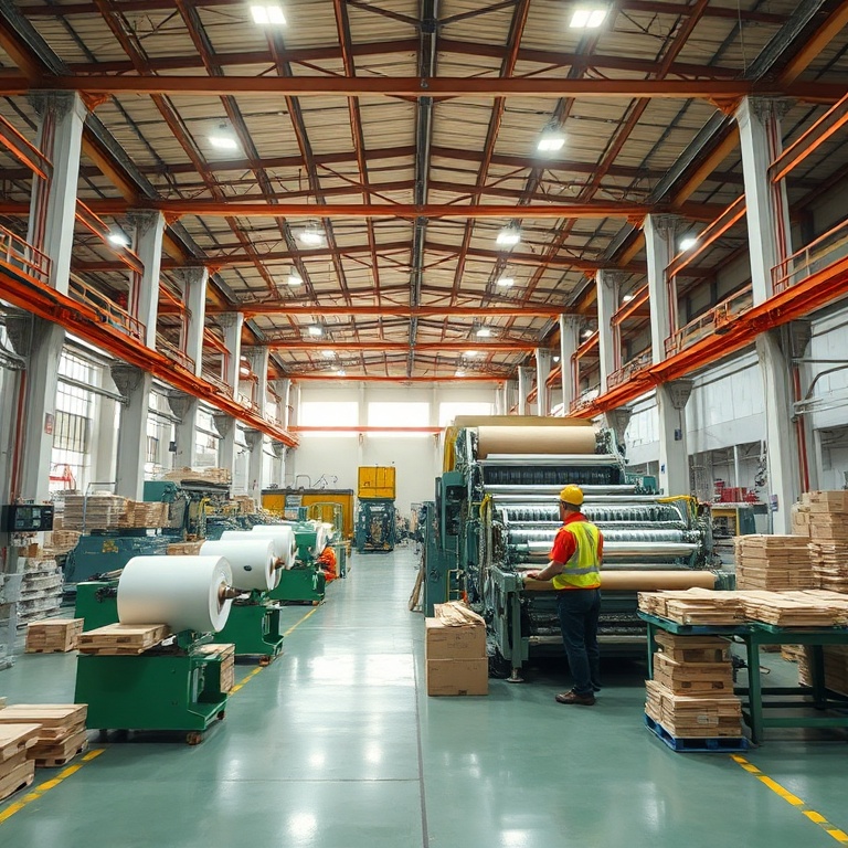 A wide-angle shot inside a large, modern corrugated box factory in Bangkok-Ayutthaya, showing a massive corrugator machine with rolls of paper feeding into it, and operators in safety gear monitoring the process. The factory floor is clean and well-lit, with a sense of industrial efficiency. Warm, bright lighting, highly detailed, photorealistic, 8k quality.