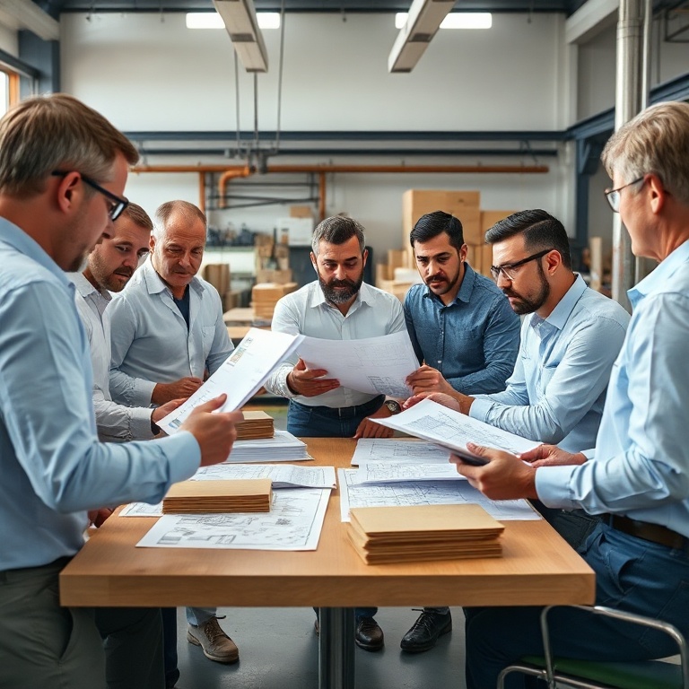 bangkokayutthaya - A team of corrugated box factory experts, a mix of engineers and sales representatives, are gathered aroun