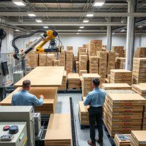 A modern factory floor producing custom corrugated boxes. Robotic arms are moving large sheets of cardboard, while workers in uniforms oversee the process. The environment is clean, well-lit, and showcases advanced machinery. In the background, stacks of various sized corrugated boxes with unique brand designs are visible. The overall mood is efficient and innovative, with a focus on precision and quality, ultra realistic, highly detailed, 8k quality, photorealistic