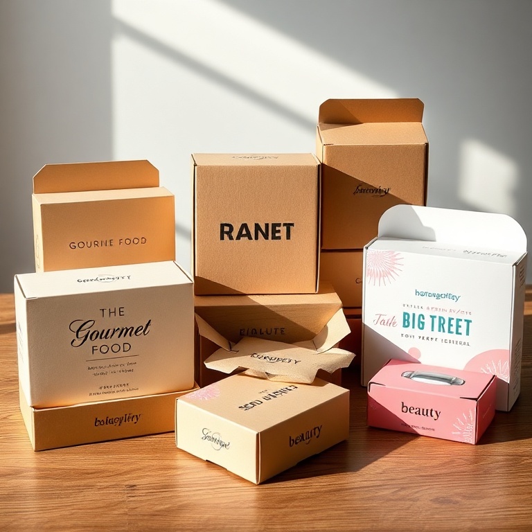 A collection of beautifully designed custom corrugated boxes for various brands, arranged aesthetically on a wooden table. On