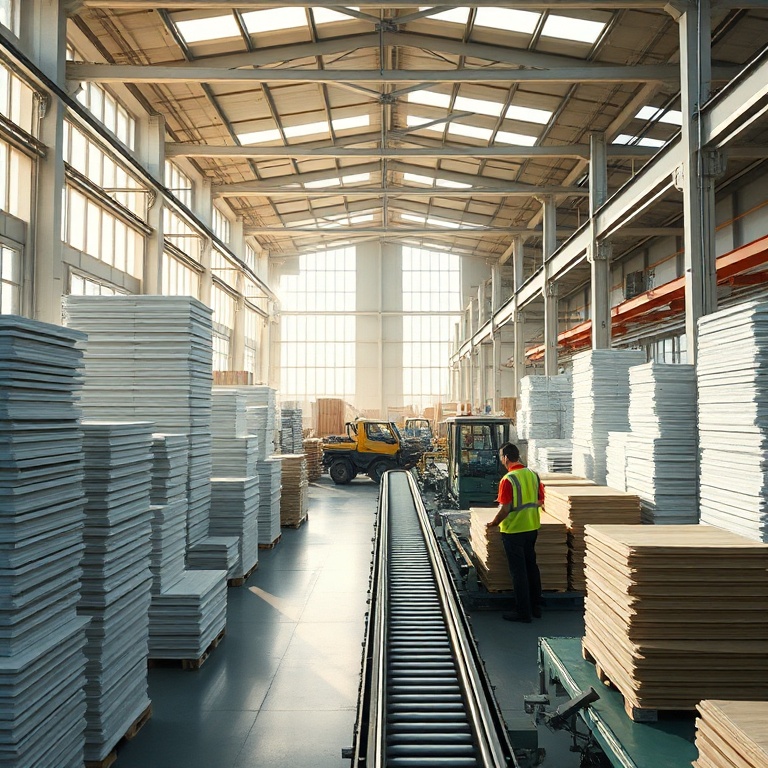 Wide shot of a modern corrugated box factory in Ayutthaya, Thailand. Sunlight streams through large windows, illuminating stacks of neatly organized corrugated sheets and advanced machinery in operation. The factory floor is clean and spacious, with a few workers in safety vests overseeing the production. Conveyor belts are moving boxes. The overall atmosphere is efficient and high-tech, showcasing the scale and capability of the manufacturing process. Cinematic lighting, ultra realistic, highly detailed, 8k quality, photorealistic
