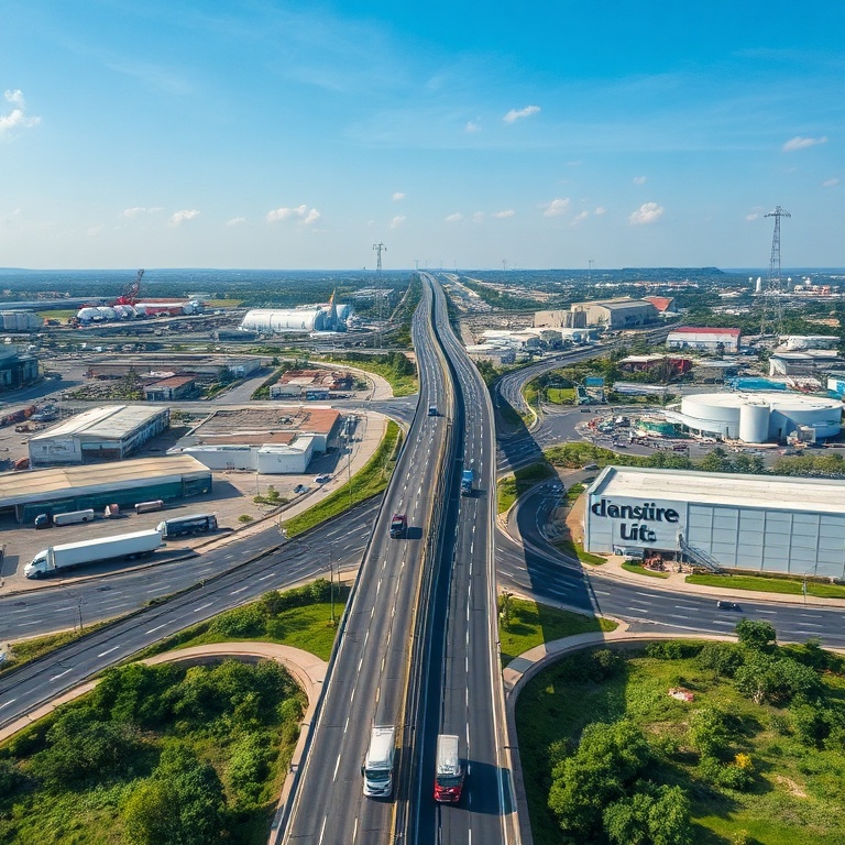 Aerial view of a bustling logistics hub in Ayutthaya, Thailand, showcasing a network of highways, warehouses, and factories.