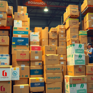 A vibrant e-commerce warehouse scene in Bangkok, with various custom-designed corrugated boxes stacked neatly, showing diverse branding and logos. Workers are efficiently packing products into these boxes, ready for shipment. The boxes feature different sizes and colorful prints, reflecting a modern, bustling business environment. Warm, industrial lighting, highly detailed, photorealistic.