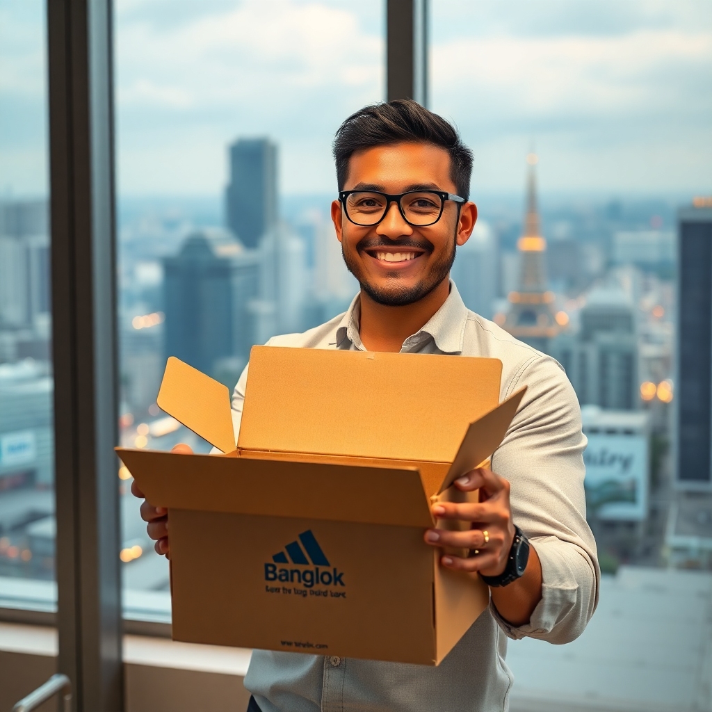 A successful business owner in a modern office, smiling confidently while holding a beautifully custom-printed corrugated box
