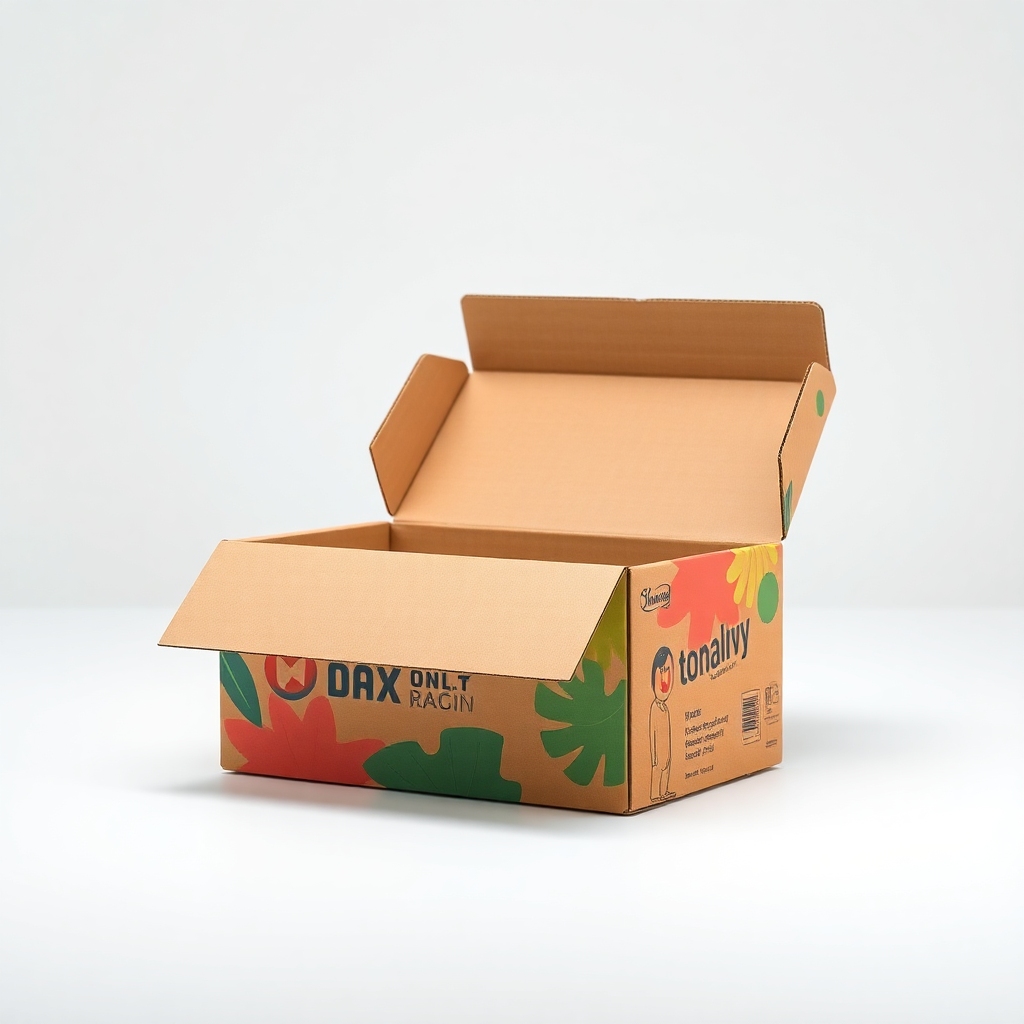 A beautifully designed custom corrugated box with a vibrant brand logo and unique graphics, sitting on a clean white surface. The box is partially open, hinting at a product inside. Soft, professional studio lighting. Focus on branding and aesthetic appeal. Ultra realistic, high detail, 8k quality, product photography style.
